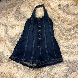 American Eagle Dark Denim Halter Button Up Overalls Romper Size Large